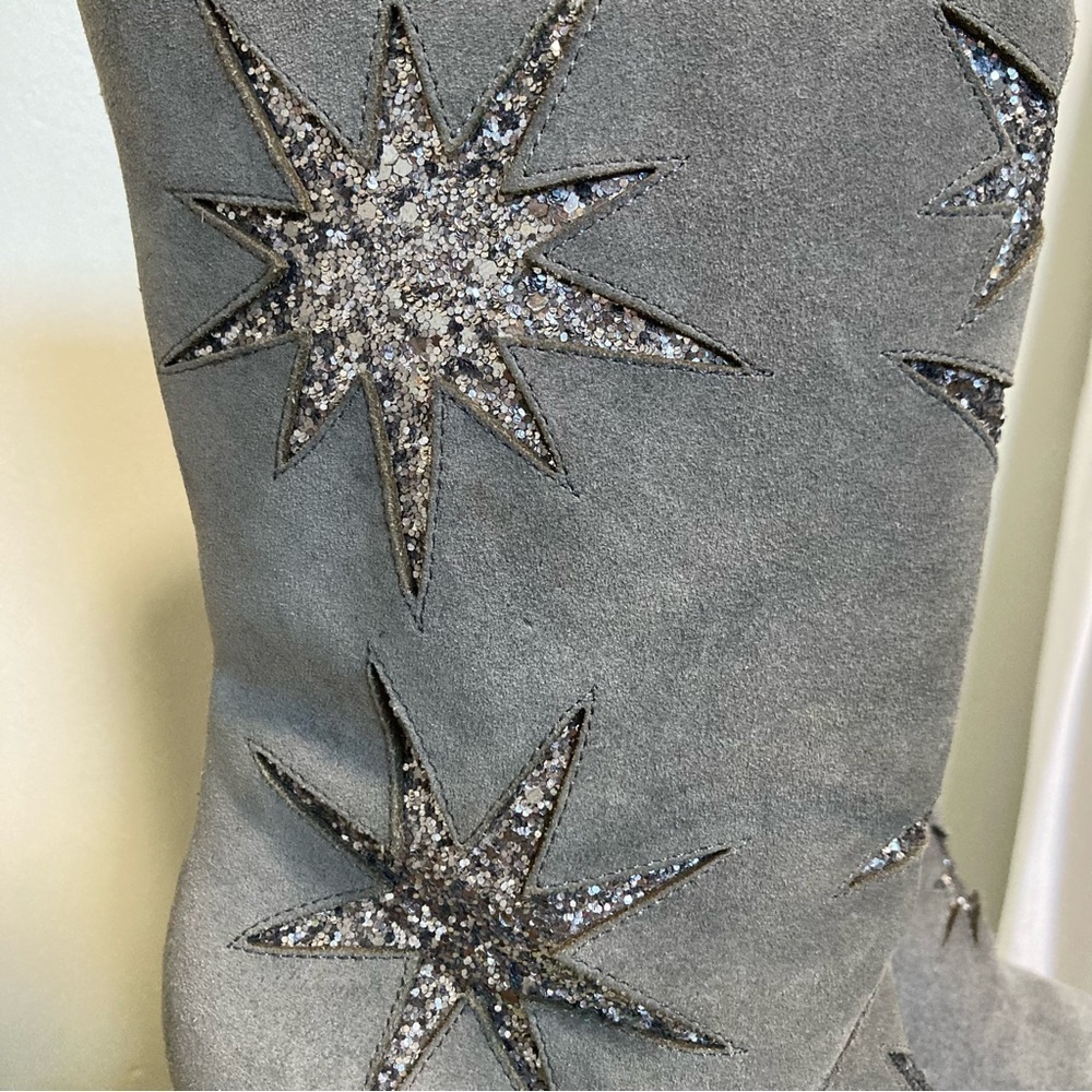 Avec Les Filles Nikita Gray Suede Glitter Star Moon Celestial Mid Calf Boots - Picture 9 of 13
